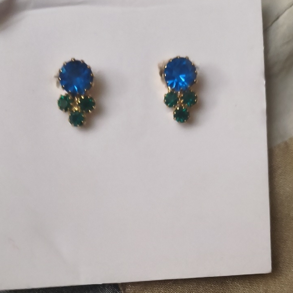 Gold-Setting Blue and Green Crystal Stud Earrings
